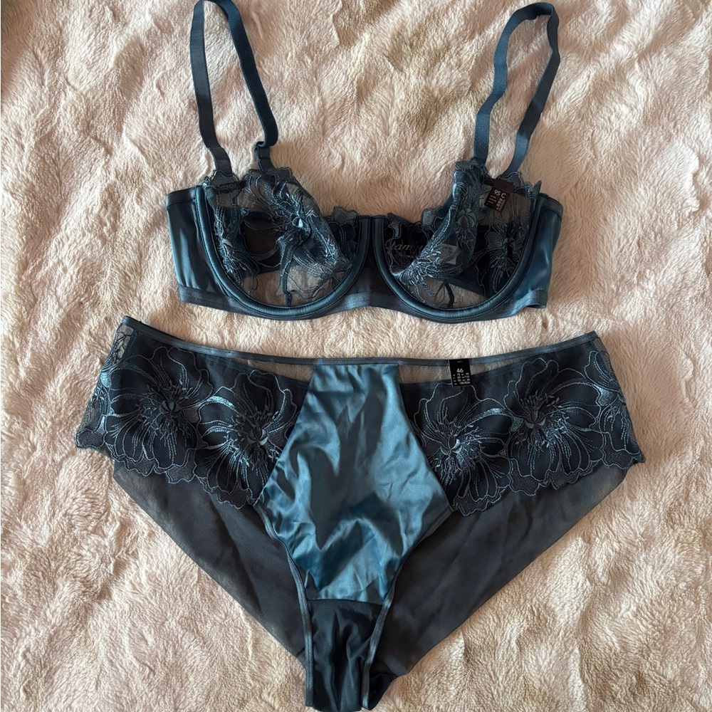 NWT Etam Amaryllis Embroidered Demi Bra & Panties Teal Lingerie Set (36C/XL)